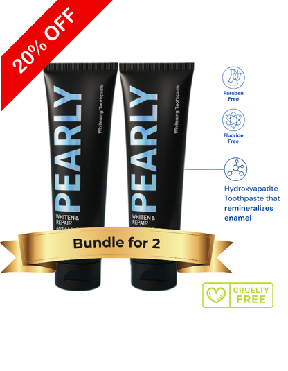 Two Pearly toothpaste tubes with promotional text on a white background