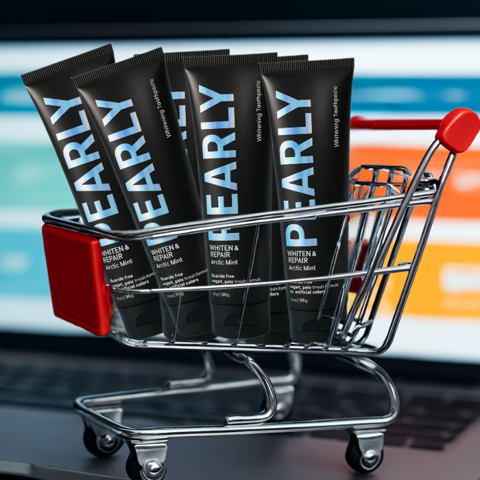 'Pearly' in a shopping cart with a blurred colorful background