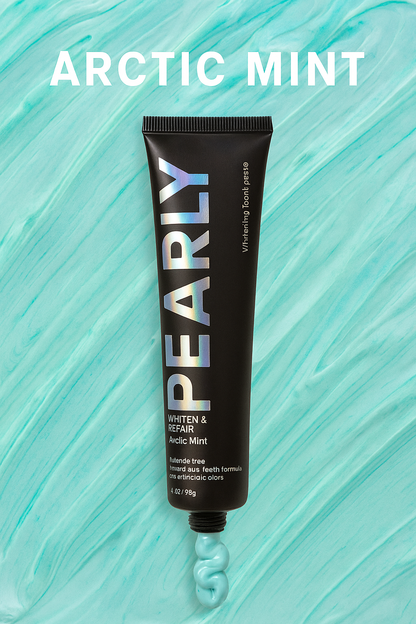 Pearly Whitening tube on a teal background with 'Arctic Mint' text.