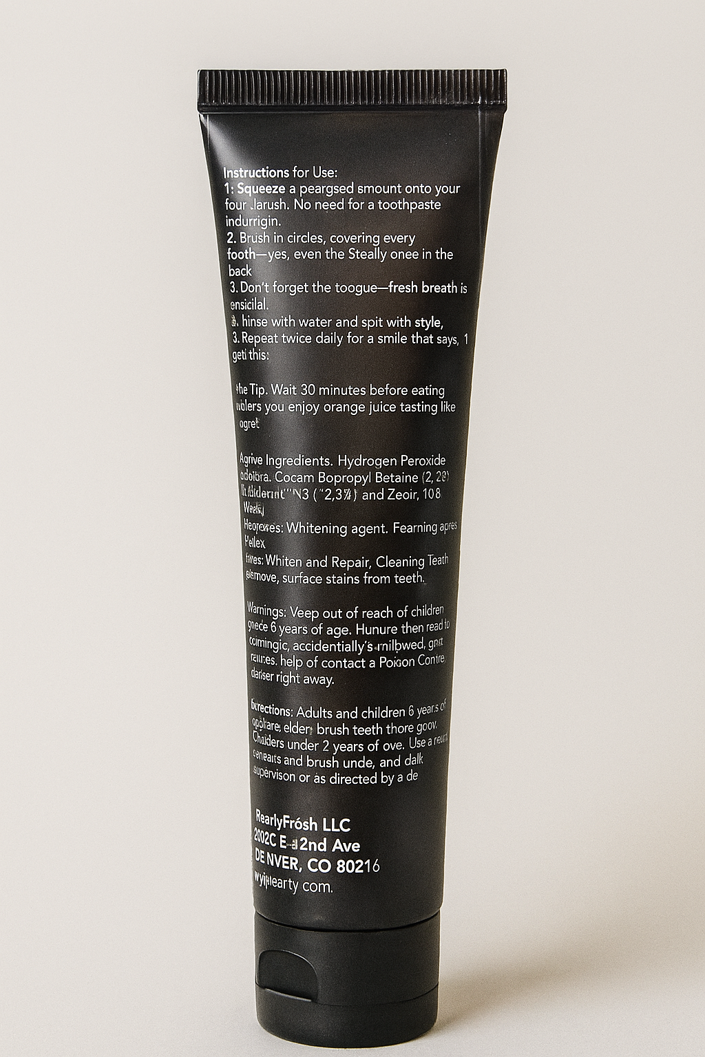 Black tube with white text on a light gray background