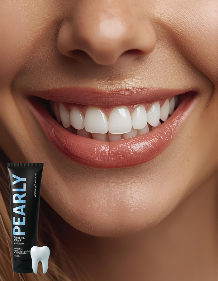 Close-up of a smiling person with a tube of 'Pearly' teeth whitening product.