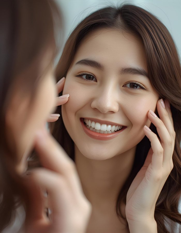 Woman smiling and touching her face, with a blurred background